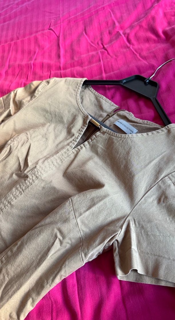 Bej keten V Yaka Mini  Elbise - Görsel 3