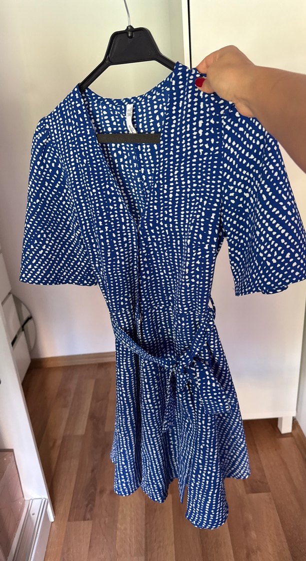 Mavi Bağcıklı Bohem Mini Elbise - Görsel 5