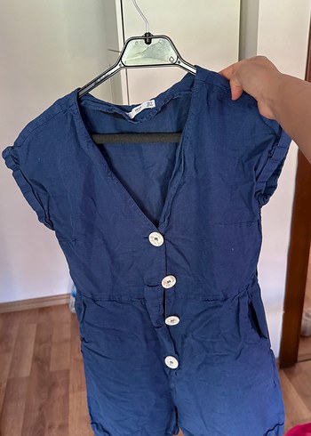 Düğmeli Keten Mavi Midi Tulum - Görsel 2