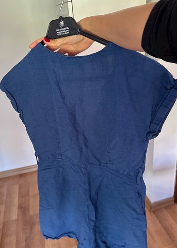 Düğmeli Keten Mavi Midi Tulum - Görsel 4