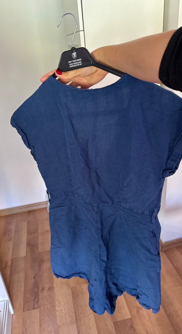 Düğmeli Keten Mavi Midi Tulum - Görsel 5