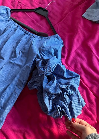 Uzun Kollu Fırfırlı Mavi Straplez Bluz - Görsel 2