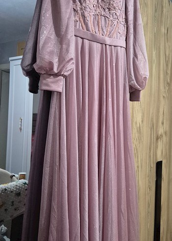 Pembe Nakışlı Uzun Kollu Abiye Elbise - Görsel 6