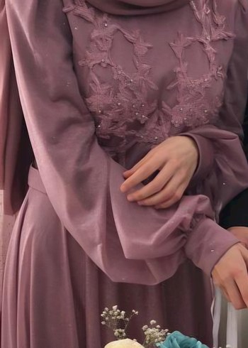 Pembe Nakışlı Uzun Kollu Abiye Elbise - Görsel 9