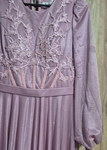 Pembe Nakışlı Uzun Kollu Abiye Elbise - Görsel 4