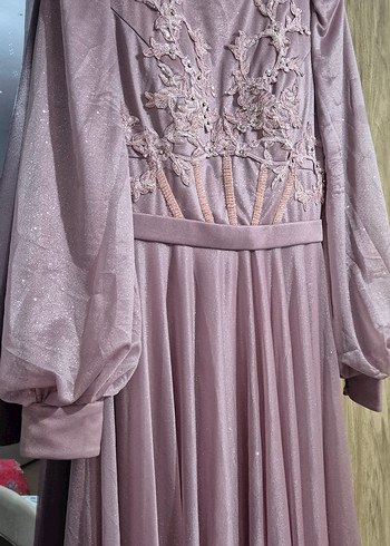 Pembe Nakışlı Uzun Kollu Abiye Elbise - Görsel 5