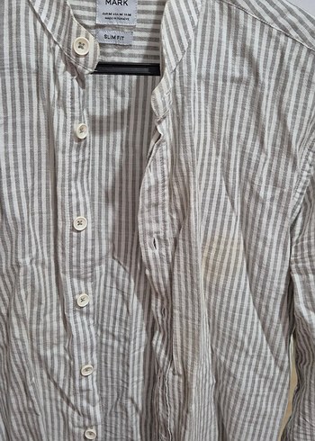 Bej Çizgili Kısa Kollu Slim Fit Keten Gömlek - Görsel 2