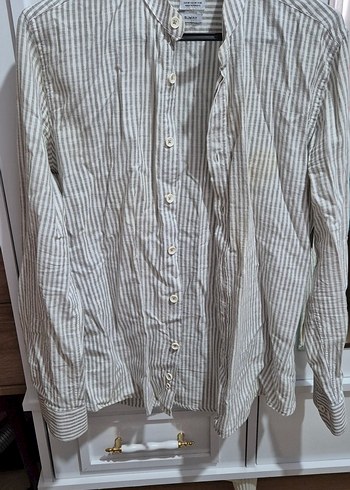 Bej Çizgili Kısa Kollu Slim Fit Keten Gömlek - Görsel 3