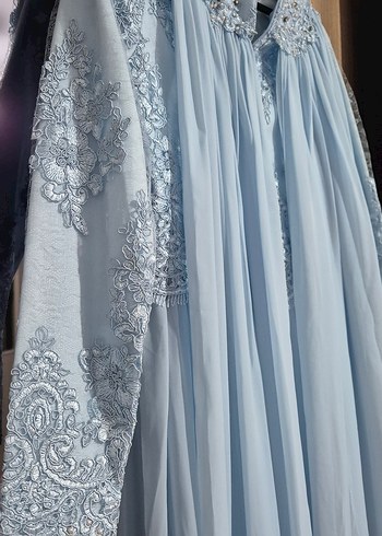 Nakışlı Mavi Uzun Kollu Şık Elbise - Görsel 4