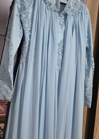 Nakışlı Mavi Uzun Kollu Şık Elbise - Görsel 6