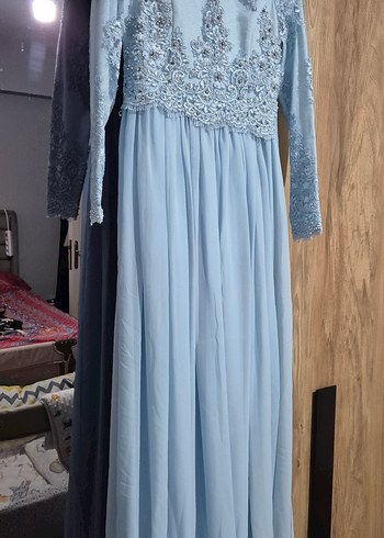 Nakışlı Mavi Uzun Kollu Şık Elbise - Görsel 8