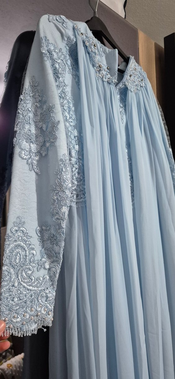 Nakışlı Mavi Uzun Kollu Şık Elbise - Görsel 4