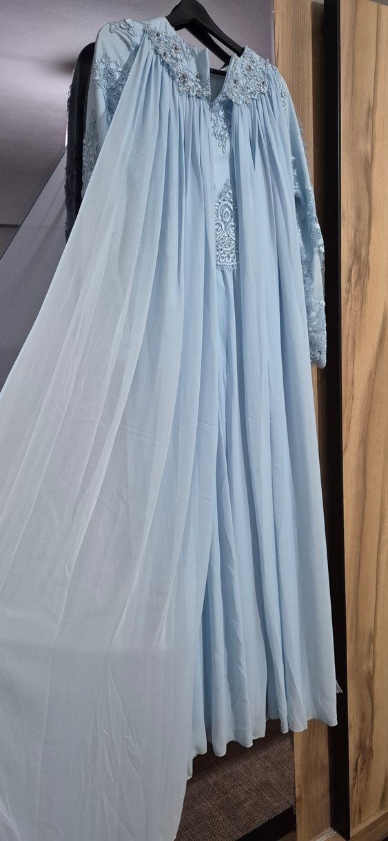 Nakışlı Mavi Uzun Kollu Şık Elbise - Görsel 5