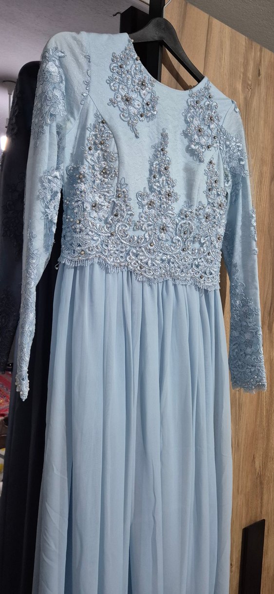 Nakışlı Mavi Uzun Kollu Şık Elbise - Görsel 3