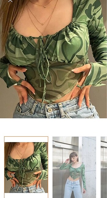 Yeşil kalpli uzun kollu asimetrik kesim uzun kollu crop bluz
