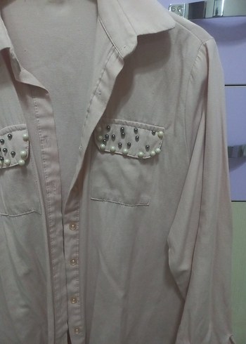 Bej Düğmeli Uzun Kollu Pamuklu Kadın Gömlek - Görsel 2