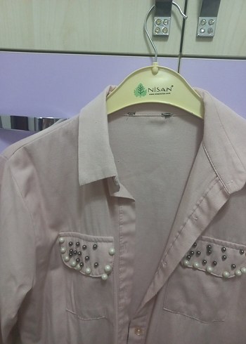 Bej Düğmeli Uzun Kollu Pamuklu Kadın Gömlek - Görsel 5