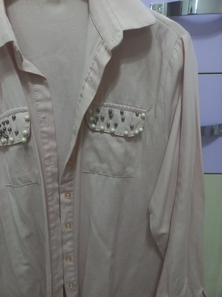 Bej Düğmeli Uzun Kollu Pamuklu Kadın Gömlek - Görsel 2