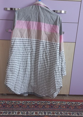 Gri Çizgili Uzun Kollu Kadın Gömlek - Görsel 5