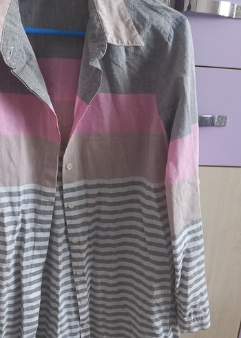 Gri Çizgili Uzun Kollu Kadın Gömlek - Görsel 2