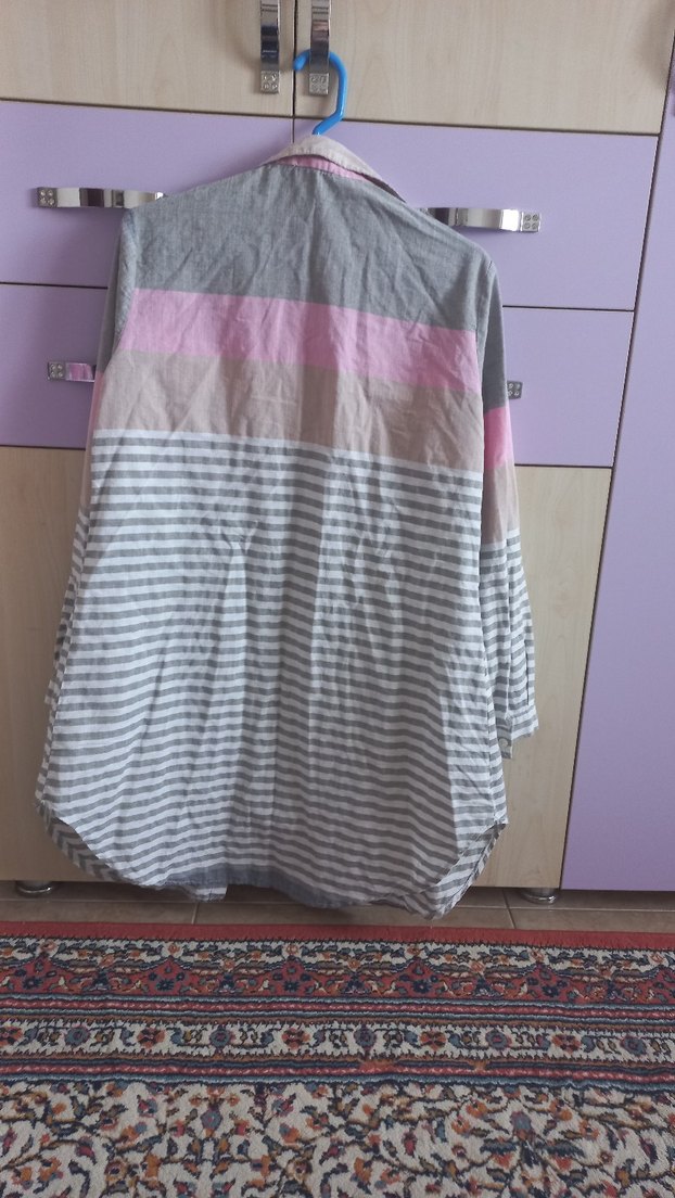 Gri Çizgili Uzun Kollu Kadın Gömlek - Görsel 5