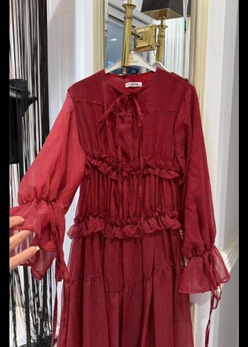 Bordo Bohem Uzun Elbise Fırfırlı - Görsel 3