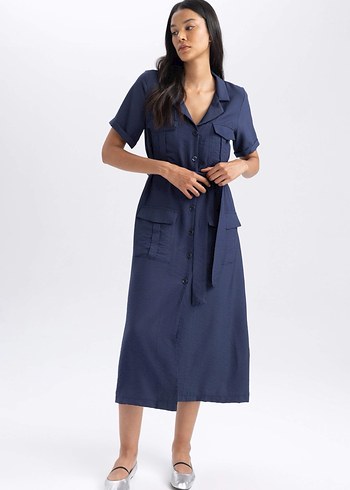 Defacto Kemerli Twill Midi Elbise - Görsel 7