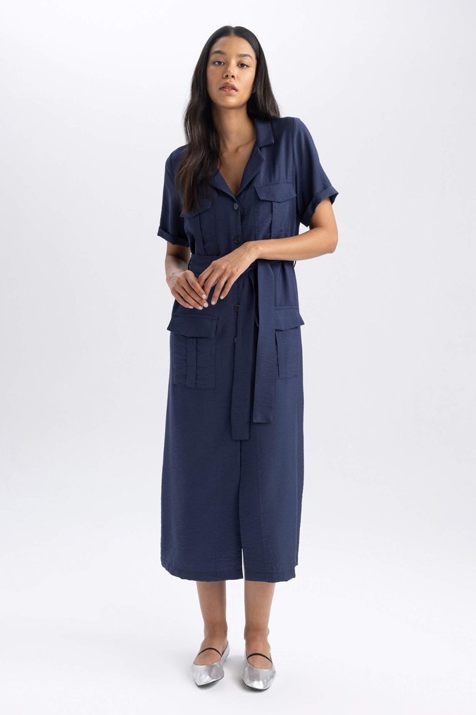 Defacto Kemerli Twill Midi Elbise - Görsel 3