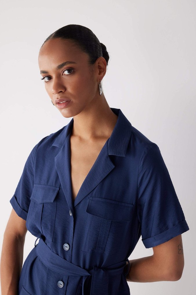 Defacto Kemerli Twill Midi Elbise - Görsel 5