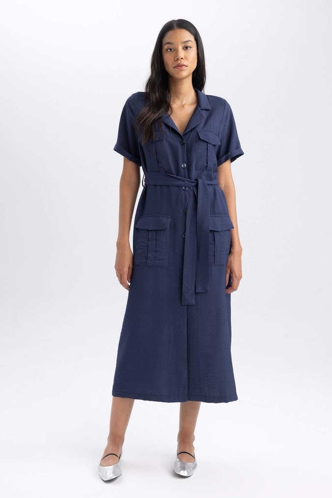 Defacto Kemerli Twill Midi Elbise - Görsel 4