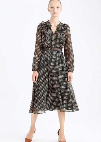 Defacto Retro Midi Boy Kemerli Elbise - Görsel 8