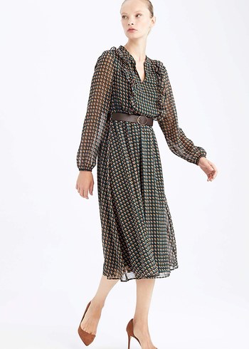 Defacto Retro Midi Boy Kemerli Elbise - Görsel 6