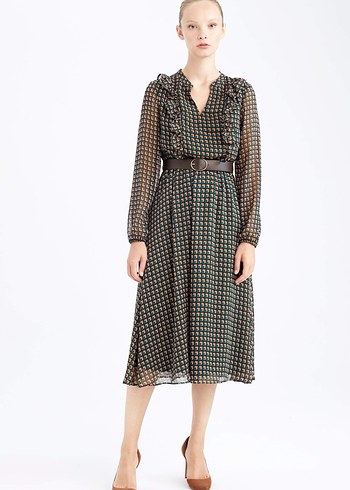 Defacto Retro Midi Boy Kemerli Elbise - Görsel 5