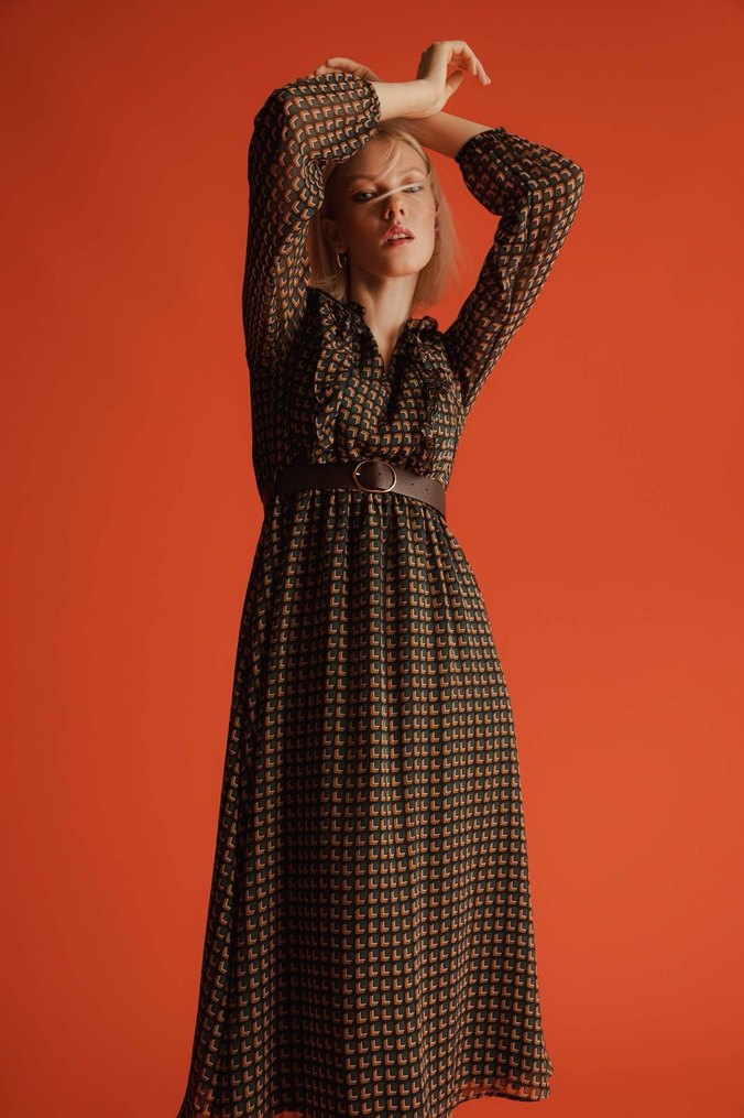 Defacto Retro Midi Boy Kemerli Elbise - Görsel 4