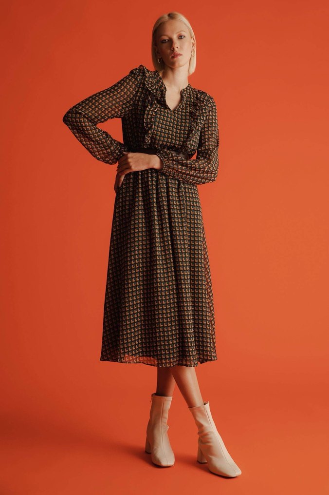 Defacto Retro Midi Boy Kemerli Elbise - Görsel 3