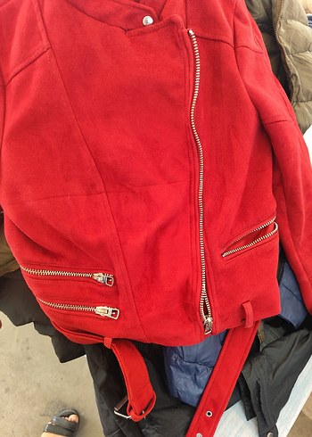 zara Kemerli Kırmızı Süet Kadın Deri Ceket - Görsel 6