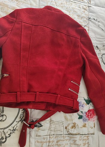 zara Kemerli Kırmızı Süet Kadın Deri Ceket - Görsel 3