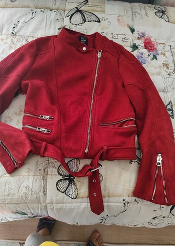 zara Kemerli Kırmızı Süet Kadın Deri Ceket - Görsel 2