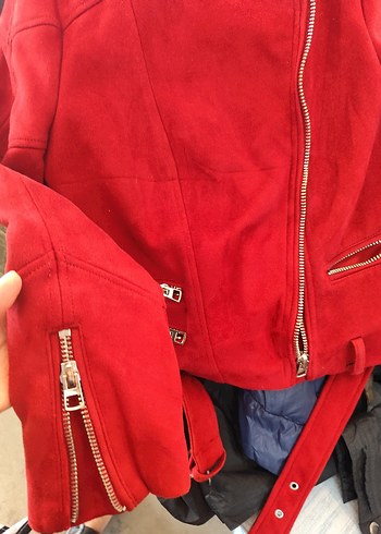 zara Kemerli Kırmızı Süet Kadın Deri Ceket - Görsel 5