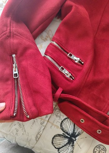 zara Kemerli Kırmızı Süet Kadın Deri Ceket - Görsel 7