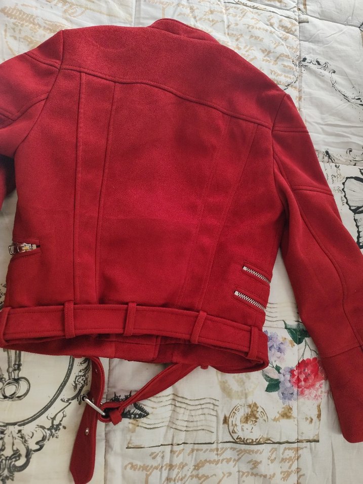 zara Kemerli Kırmızı Süet Kadın Deri Ceket - Görsel 3