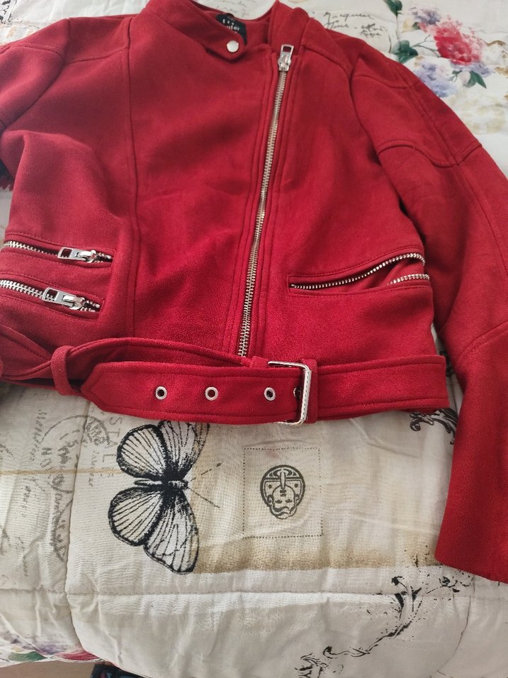 zara Kemerli Kırmızı Süet Kadın Deri Ceket - Görsel 4