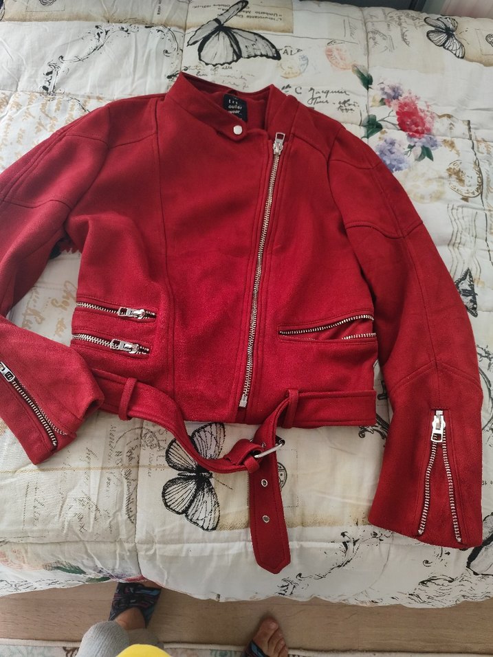 zara Kemerli Kırmızı Süet Kadın Deri Ceket - Görsel 2
