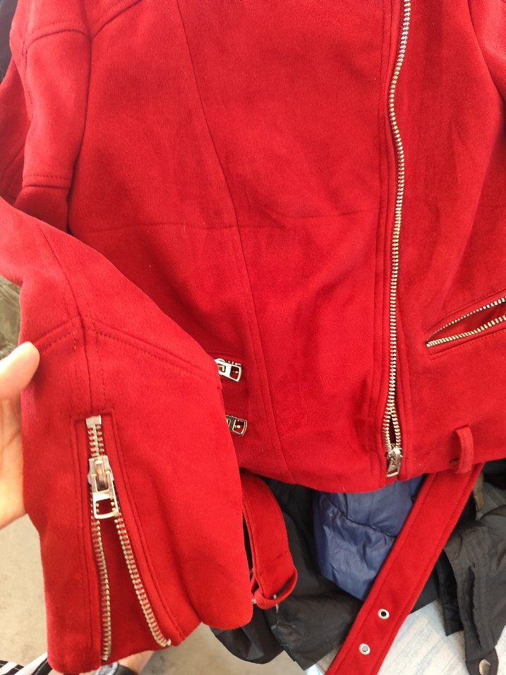 zara Kemerli Kırmızı Süet Kadın Deri Ceket - Görsel 5