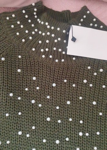 Nakışlı haki Triko Kadın Kazak - Görsel 3