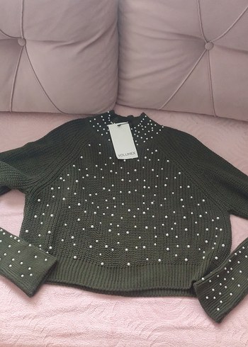 Nakışlı haki Triko Kadın Kazak - Görsel 2