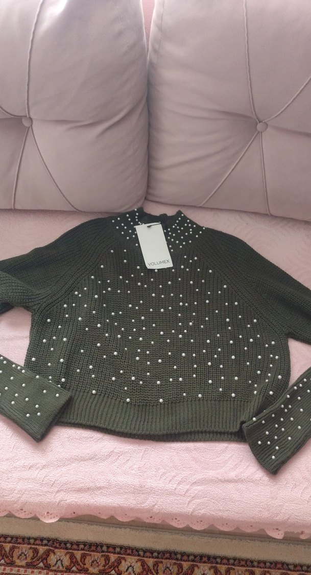 Nakışlı haki Triko Kadın Kazak - Görsel 2