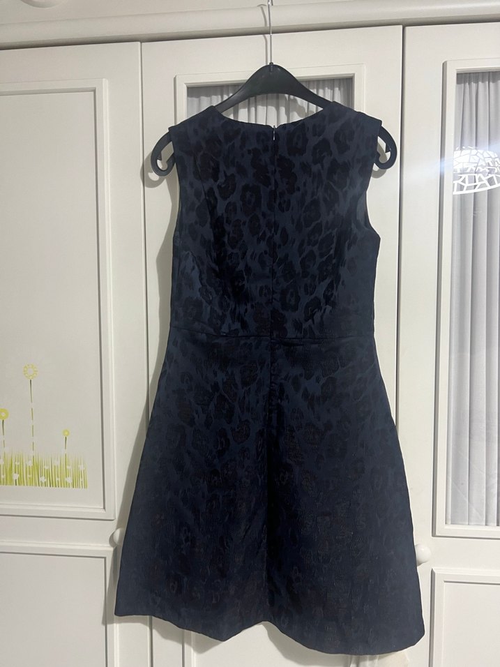 Kolsuz Lacivert Midi leopar Desenli Elbise - Görsel 5