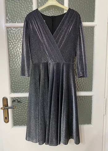 Gri Uzun Kollu Drapeli gece Kadın Elbise - Görsel 2