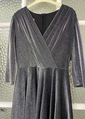 Gri Uzun Kollu Drapeli gece Kadın Elbise - Görsel 5